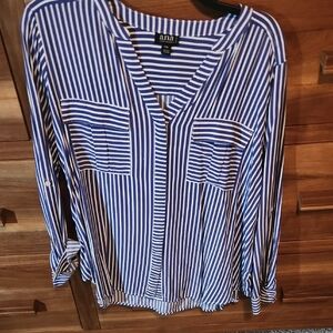 a.n.a Blue and White 3/4 Sleeve Notched Collar Lightweight Buttonup StripeBlouse
